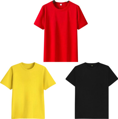 TTFE Solid Men Round Neck Red, Yellow, Black T-Shirt