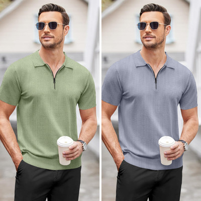 NTIFIC Self Design Men Polo Neck Light Green, Grey T-Shirt