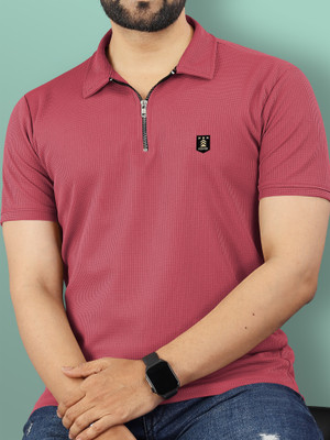 VeBNoR Solid Men Zip Neck Pink T-Shirt
