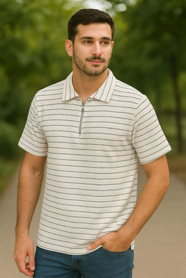 METRONAUT Striped Men Zip Neck White T-Shirt