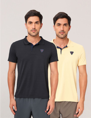 TECHNOSPORT Solid Men Polo Neck Black, Yellow T-Shirt