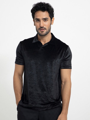 RARE RABBIT Solid Men Polo Neck Black T-Shirt