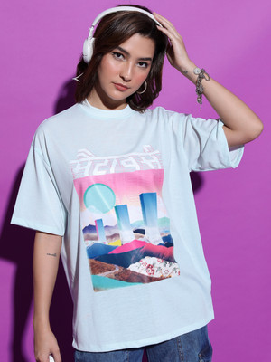 Tokyo Talkies Printed Women Round Neck Light Blue T-Shirt