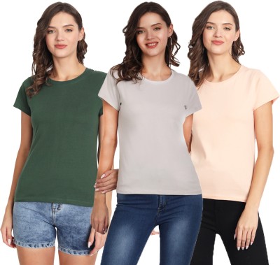 BGORG Solid Women Round Neck Silver, Green, Pink T-Shirt