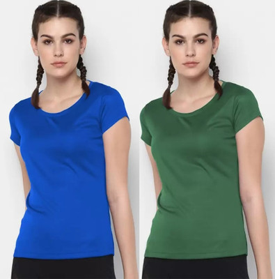 INDIZO Solid Women Round Neck Blue, Green T-Shirt