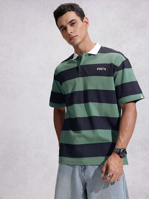 WROGN Striped Men Polo Neck Green T-Shirt