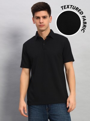 Dattebayo Self Design Men Polo Neck Black T-Shirt