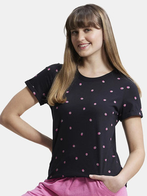 JOCKEY Printed Women Round Neck Black T-Shirt