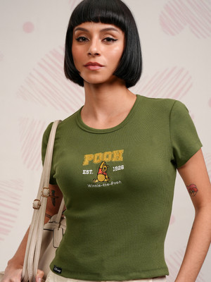 Tokyo Talkies Self Design Women Round Neck Green T-Shirt