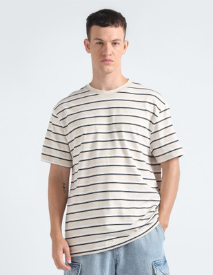 TOMMY HILFIGER Striped Men Round Neck Beige T-Shirt