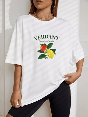SLENOR Printed Women Round Neck White T-Shirt