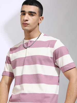 HIGHLANDER Striped Men Henley Neck White, Purple T-Shirt