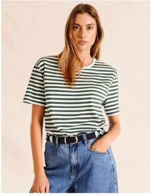 MACK JONNEY Striped Women Round Neck Green T-Shirt