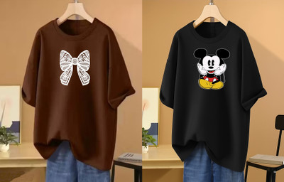 RAPTUROUS Printed Women Round Neck Brown, Black T-Shirt