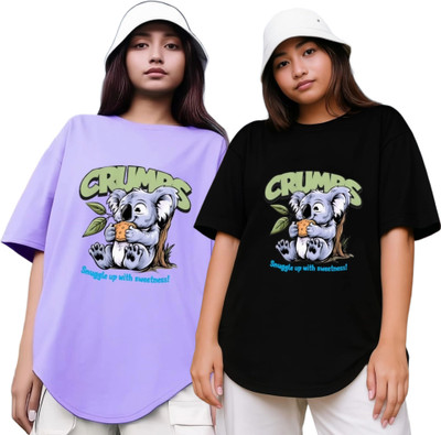 R S Fashion Printed Women Round Neck Purple, Black T-Shirt