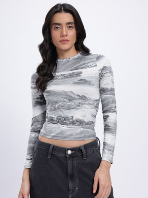 Glitchez Printed Women Round Neck Grey T-Shirt