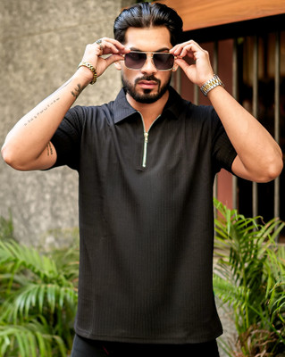 ENITOR Self Design Men Polo Neck Black T-Shirt