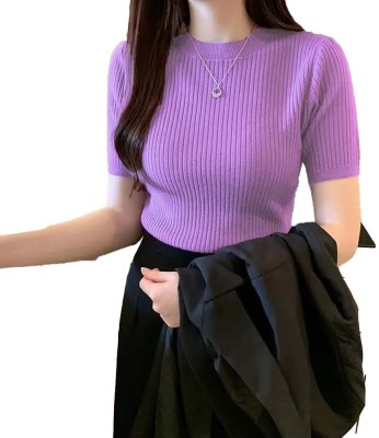 BODY BEST Self Design Women Round Neck Purple T-Shirt