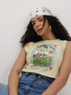 Roadster Printed Women Round Neck Green T-Shirt