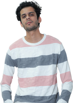 Zyloft Striped Men Polo Neck Pink, White, Grey T-Shirt
