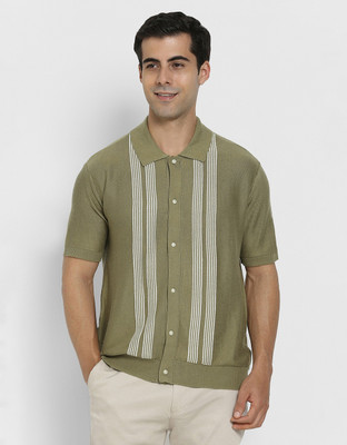 American Eagle Solid, Striped Men Polo Neck Green T-Shirt