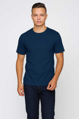 SHIMPEX Solid Men Round Neck Navy Blue T-Shirt