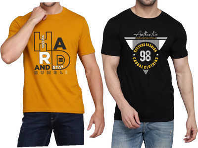 WOOSTRO Printed Men Round Neck Brown, Black T-Shirt