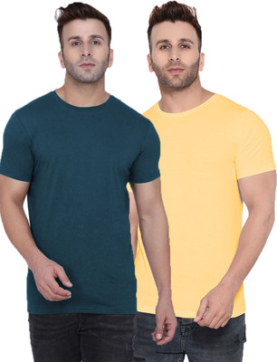 Kroptee Solid Men Round Neck Blue, Yellow T-Shirt