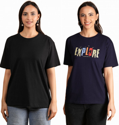 METRONAUT Printed, Solid Women Round Neck Multicolor T-Shirt