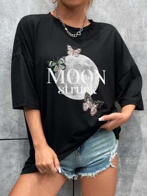 Calm Down Printed Women Round Neck Black T-Shirt