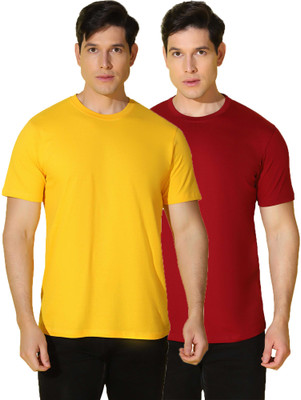 WOOSTRO Solid Men Round Neck Yellow, Red T-Shirt