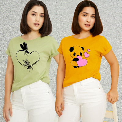 Lecowar Printed Women Round Neck Green, Yellow T-Shirt