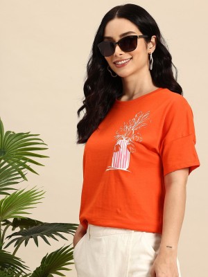 Mast & Harbour Printed Women Round Neck Orange T-Shirt