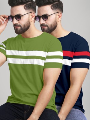 AUSK Striped Men Round Neck Dark Blue, Green T-Shirt