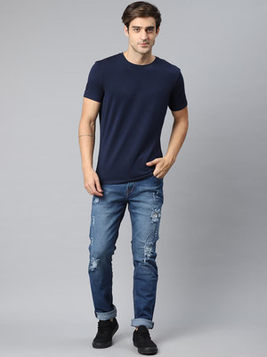 RULEDBYSUN Solid Men Round Neck Navy Blue T-Shirt
