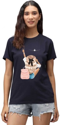 Timyka Printed Women Round Neck Blue T-Shirt