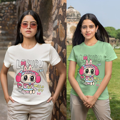 Kasendra Printed Women Round Neck White, Green T-Shirt