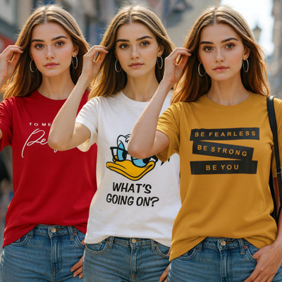 Fabflee Solid Women Round Neck Multicolor T-Shirt