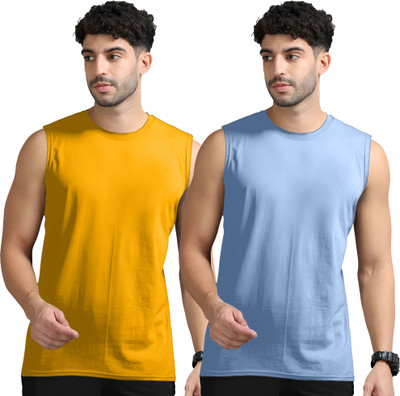 Adorbs Solid Men Round Neck Yellow, Blue T-Shirt