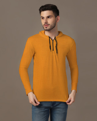 GEUM Solid Men Hooded Neck Gold T-Shirt