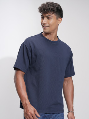 HIGHLANDER Solid Men Round Neck Navy Blue T-Shirt