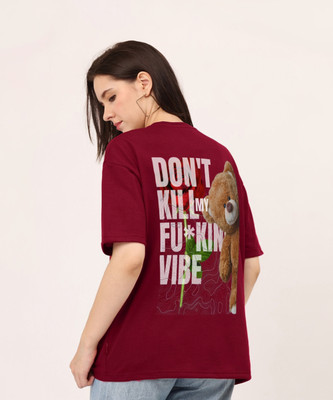 URBANICE Printed, Graphic Print, Typography Women Round Neck Maroon T-Shirt