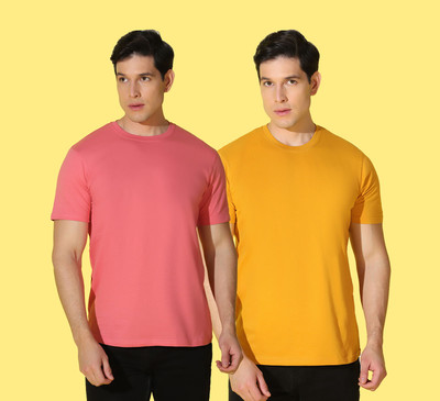 WOOSTRO Solid Men Round Neck Pink, Yellow T-Shirt