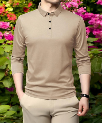 Starvy Solid Men Polo Neck Beige T-Shirt