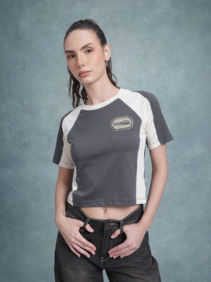 Roadster Solid Women Round Neck Grey T-Shirt