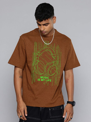 Moda Rapido Graphic Print Men Round Neck Brown T-Shirt