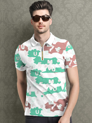 TRIPR Striped Men Zip Neck White T-Shirt