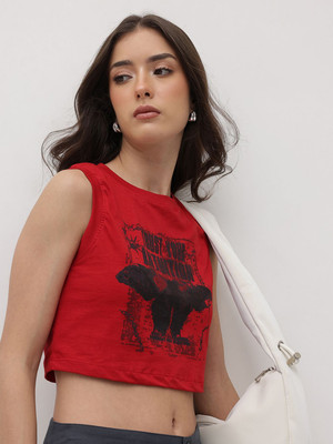 Roadster Printed Women Round Neck Red T-Shirt