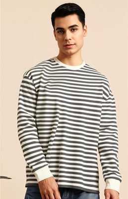 MACK JONNEY Striped Men Round Neck Grey, Beige T-Shirt