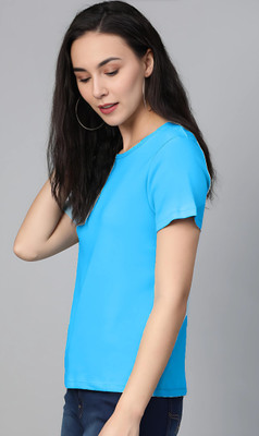 LIVAX COTTY Solid Women Round Neck Light Blue T-Shirt